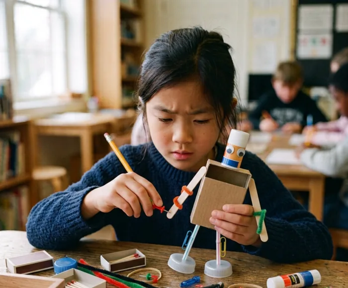A girl at a classroom table concentrating as she builds a robot from a cardboard box, bottle caps and pipe cleaners, with classmates working behind her.