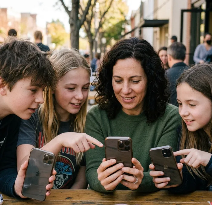 A parent and three children leaning over an outdoor table, phones held side by side, comparing what is on each other's screens.