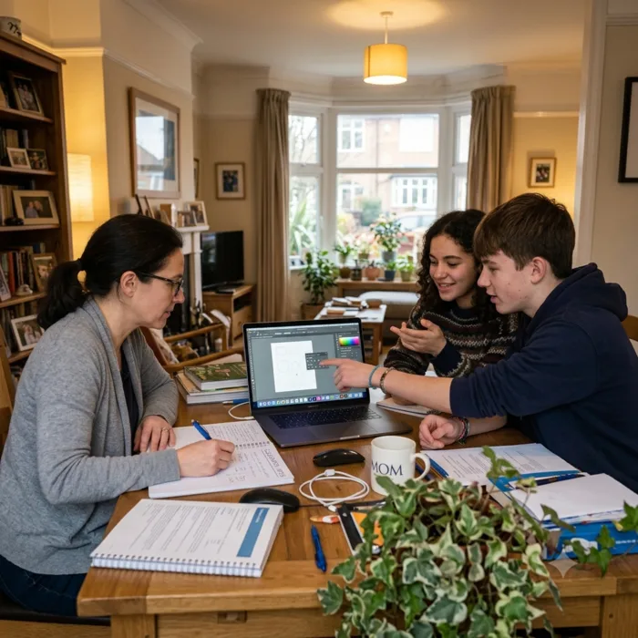 A parent and two teenagers around a dining table covered in notebooks and papers, talking over an open laptop.