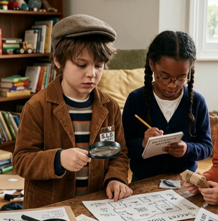 Two children at a living-room table playing detective: one studies a sheet through a magnifying glass, the other takes notes in a small pad.