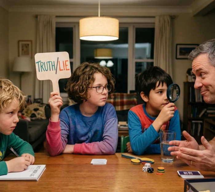 A family around the dinner table at night: one child holds up a wooden TRUTH / LIE paddle, another peers through a magnifying glass, a third takes notes, and a parent makes their case.