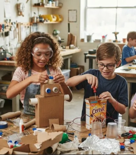 Two children in safety goggles building a cardboard robot from cereal boxes, tubes and bottle caps at a workbench.