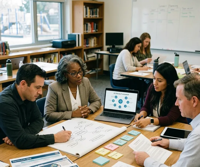 Five school staff around a meeting-room table: a laptop shows an AI literacy framework diagram, a hand-drawn mind map and sticky notes cover the table, and a term planning grid fills the whiteboard behind them.