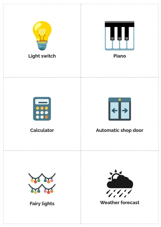 A sheet of Spot the Guesser cards: light switch, piano, calculator, automatic shop door, fairy lights and weather forecast, ready to cut out.